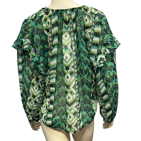 NWT Zara Green Printed Long Sleeve Blouse Ruffle Sleeves Size Small Vneck Top - Picture 4 of 7